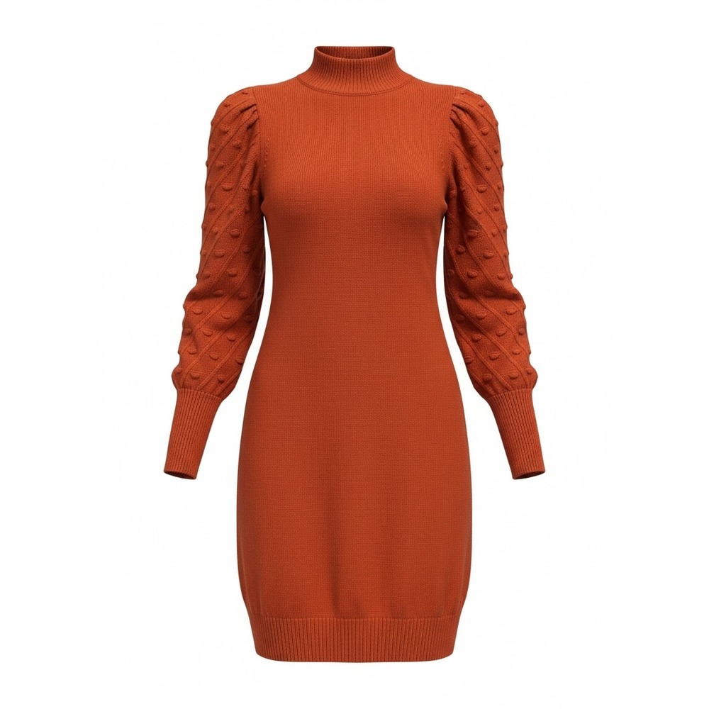 Willow Glenn Burnt Orange Bobble Sleeve Mock Neck Sweater Dress Pumpkin Spice
